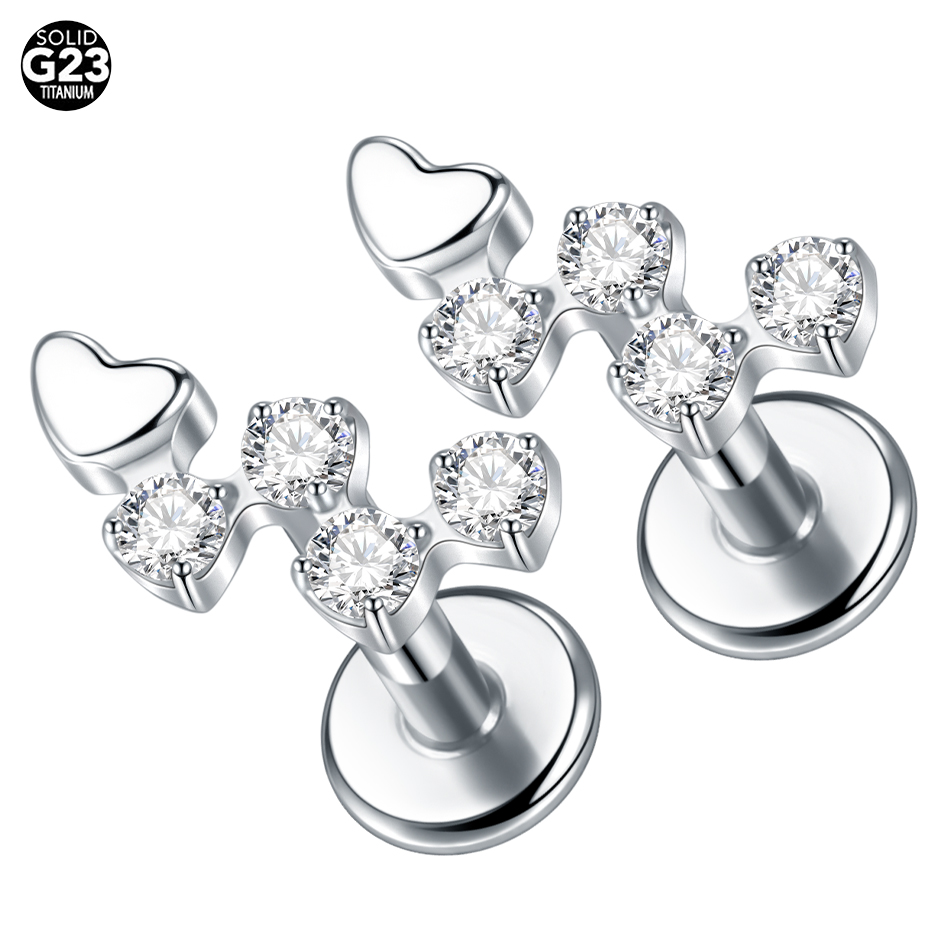 Flat Back Labret Stud - チタンとジルコニアの花の形をしたイヤリング,女性用,フラットバックイヤリング,めねじ,ヘリックス軟骨軟骨耳珠ピアス,16g, 1個
