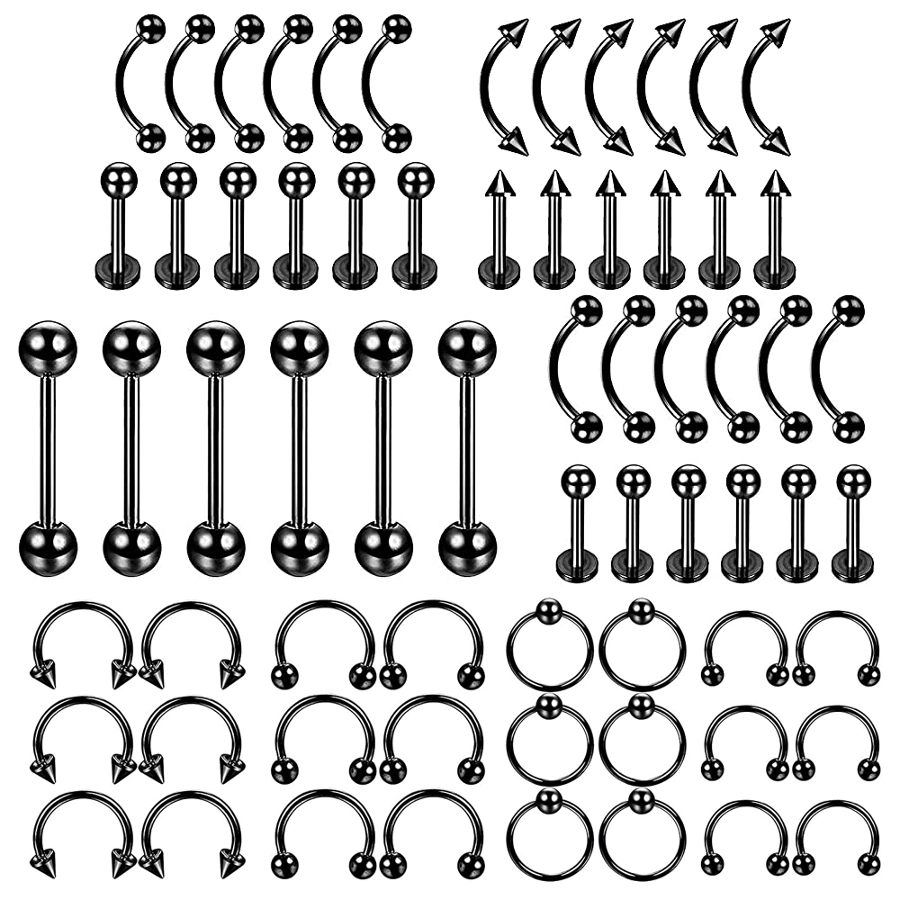 Body Jewelry Nipple Rings - プロのピアスキット,ステンレス鋼,14g,16g,腹,耳珠,唇,鼻,黒のジュエリー