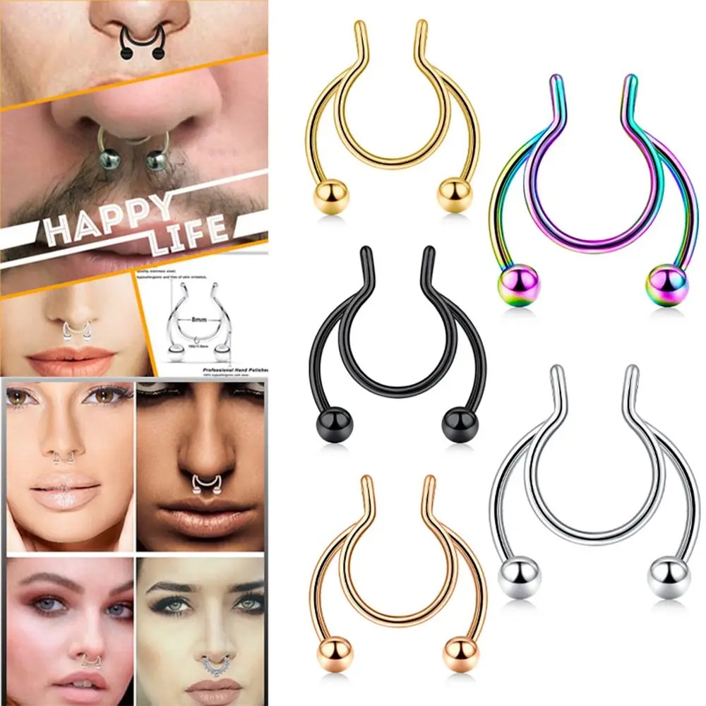 Body Jewelry Septum - 2 個ステンレス鋼フェイクセプタムノーズリング非ピアスカラフルなジュエリー女性男性用かわいいパンクボディジュエリーギフト