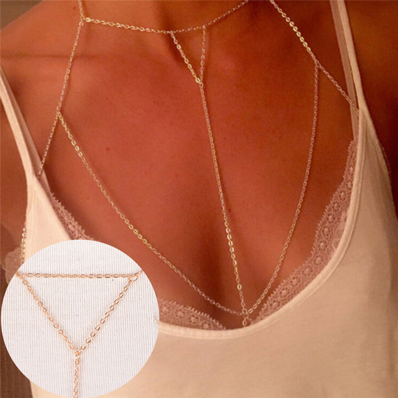 Body Jewelry Online - マルチレイヤーハーネスvネックレス,女性用チェーンジュエリー,シルバーとゴールドのリンク,セクシーなビーチとビキニ
