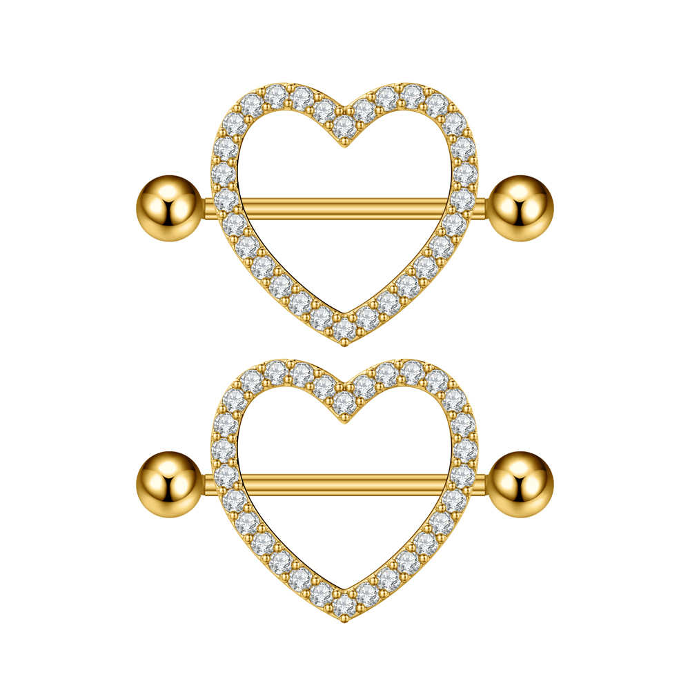 Body Jewelry Nipple Rings - 2個セット 両側ネジ式 ハート型ニップルピアス 5つのクリスタルCZ ニップルリング ニップルシールド