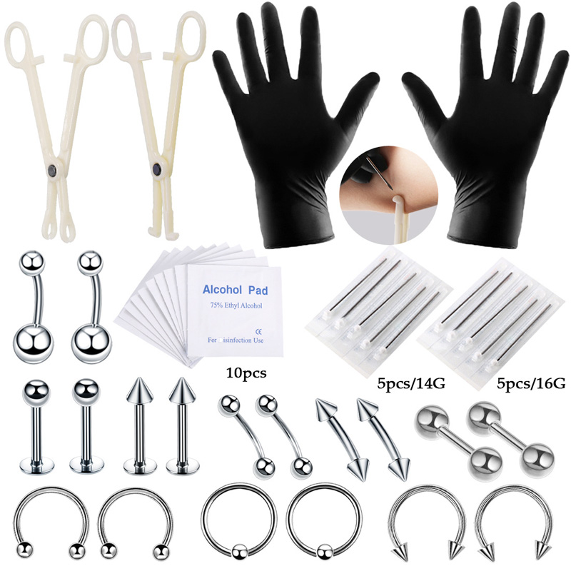 Body Jewelry Nipple Rings - 42個/セットボディピアスツールキットピアスニードルクランプグローブプライヤーニップルアイブロウノーズアイブロウベリーボタンリングジュエリー