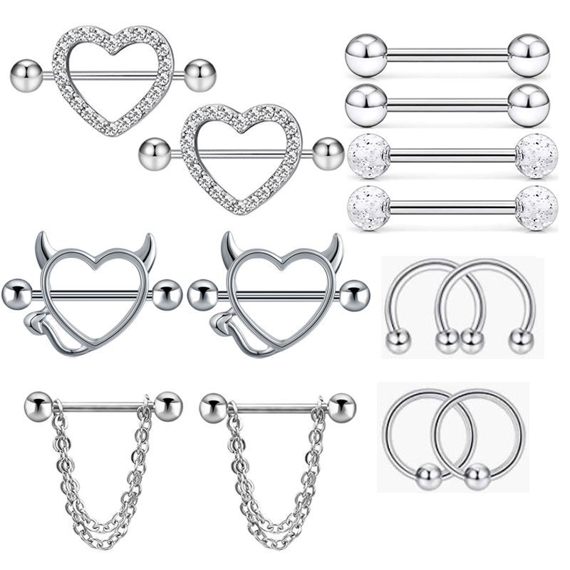 Body Jewelry Nipple Rings - 14Gステンレス鋼ニップルリング舌ピアスボディジュエリーセットバーベルCZハート型リング女性用