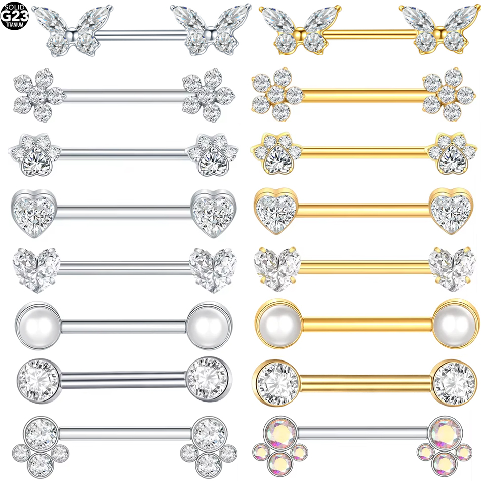 Body Jewelry Nipple Rings - 1個入り G23 チタン製ニップルリング ストレートバーベルピアス ジルコン内ネジ式ニップルバー ピアスリング