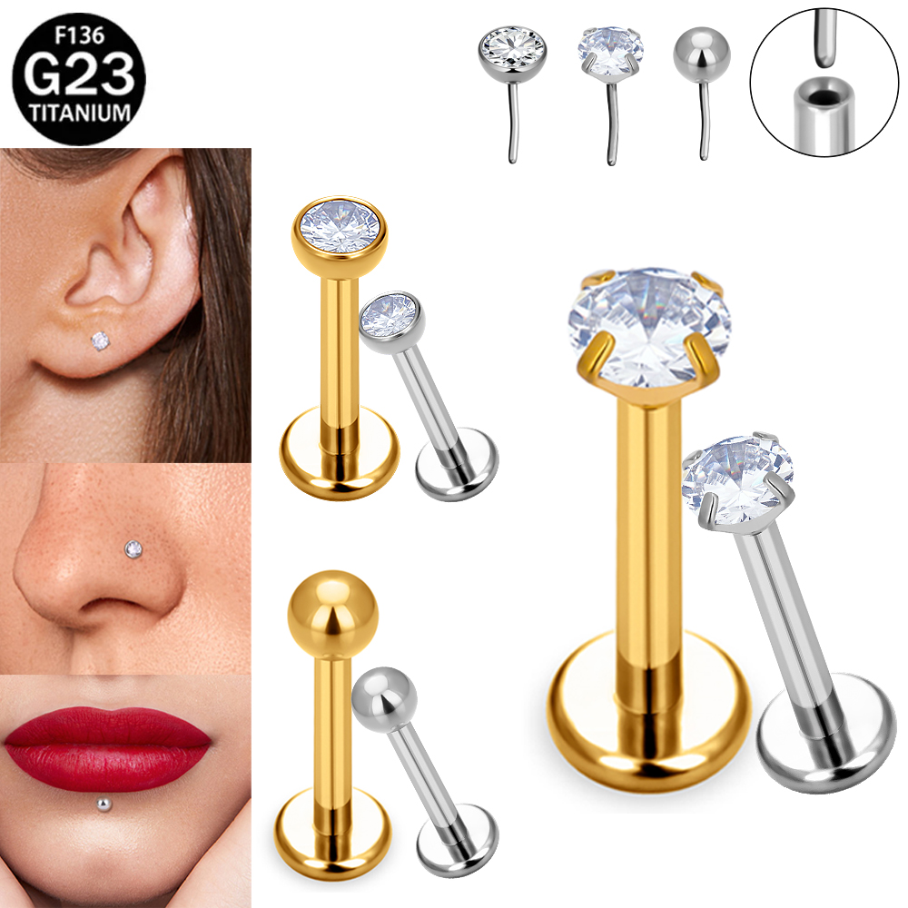 Body Jewelry Implant Grade - F136 G23 インプラントグレードチタン製低アレルギー性スレッドレスフラットバックラブレットスタッドピアス 鼻ピアス リップリング CZ