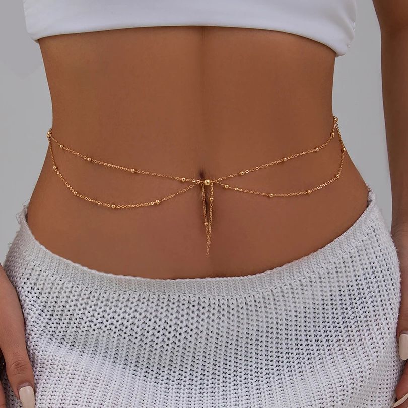 Body Jewelry Dress - KunJoe 多層ゴールドカラーの薄いビーズチェーンウエストベリーチェーン女性のセクシーなビキニドレスベルト夏のビーチボディジュエリーギフト