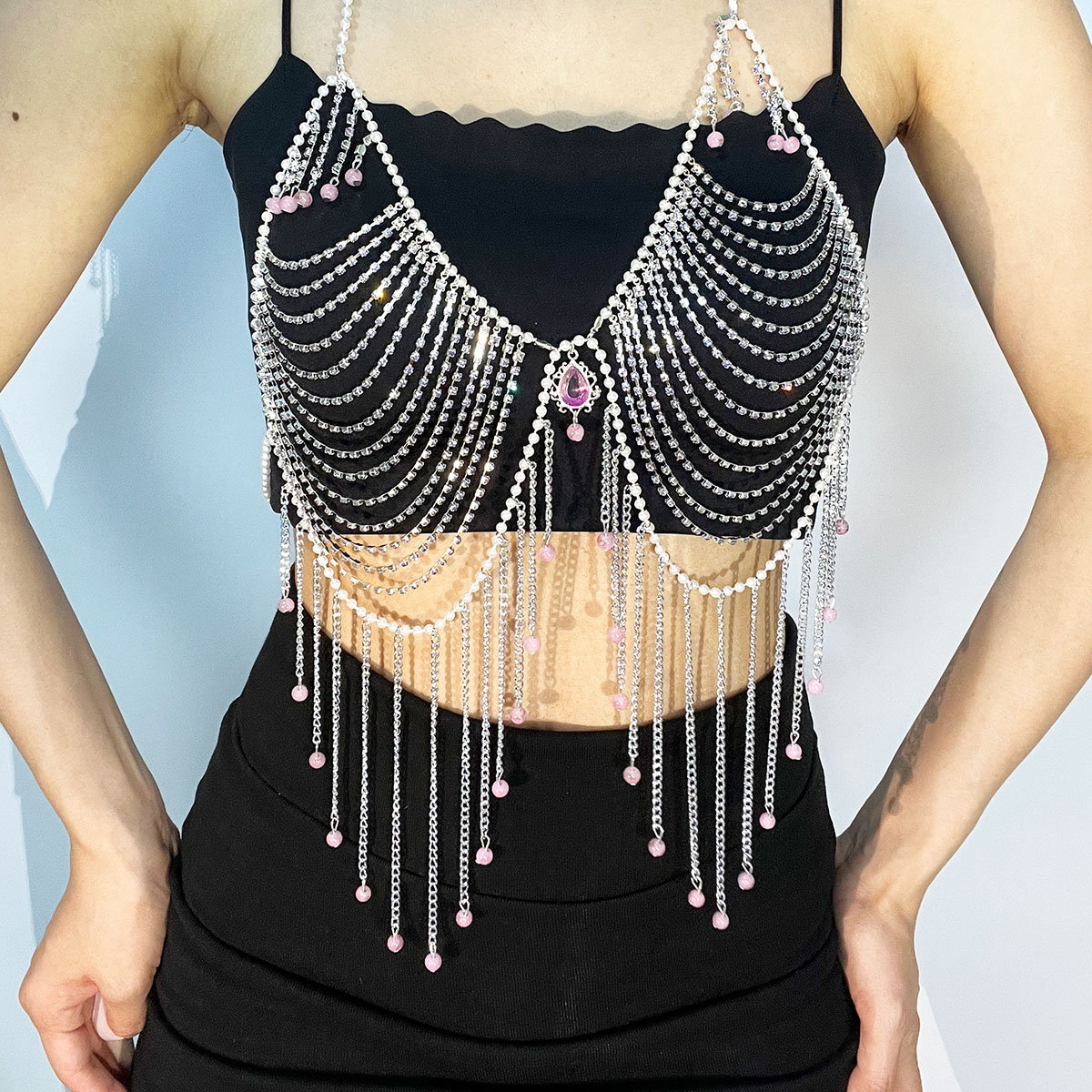 Body Jewelry Dress - スタイリッシュなラインストーンブラジャージュエリーセクシーな模擬真珠ビーズ Tzitzit ボディチェーンステージショー宴会ドレスチェーン