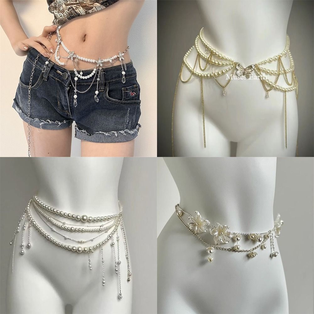 Body Jewelry Online - ファッションエレガントなパールウエストチェーンウエストアクセサリー多用途フローラルベリーチェーンボヘミアンヒップチェーン女性用