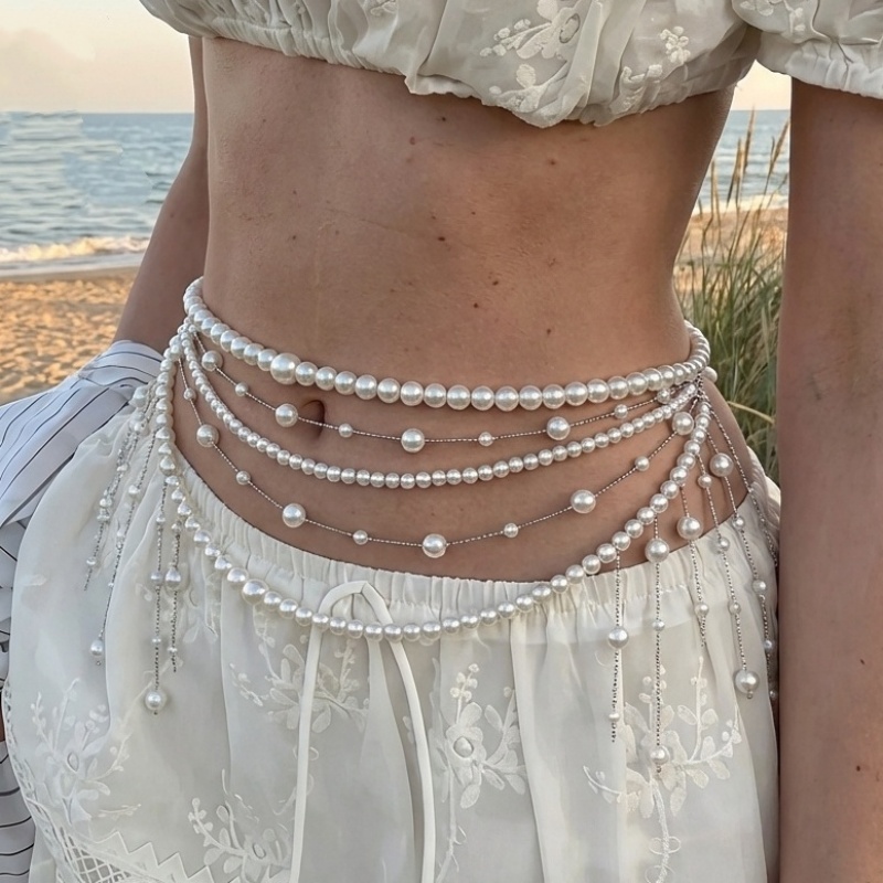 Body Jewelry High End - 豪華な多層パールタッセルウエストチェーン レディース エレガントなビーチバケーションスタイル ボディチェーンアクセサリー 高級感