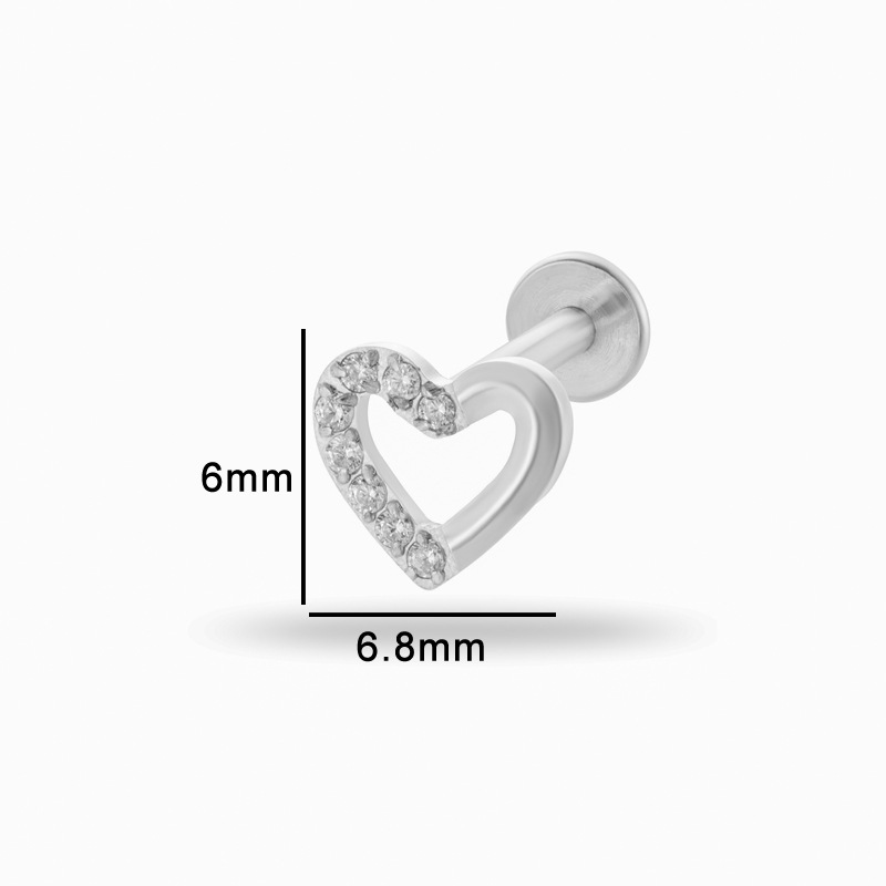 Flat Back Labret Stud - 1個 G23 チタン製 ハート軟骨スタッドピアス 16G 内ネジ