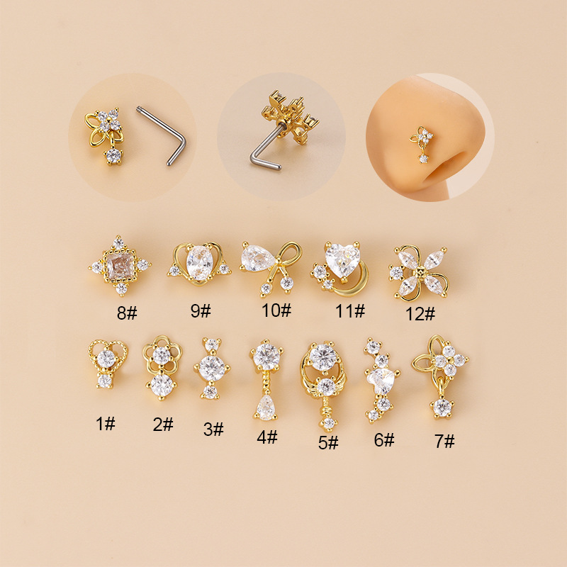 20G L字型キュービックジルコニアノーズスタッド、サージカ - Body Jewelry Septum のレビューと価格
