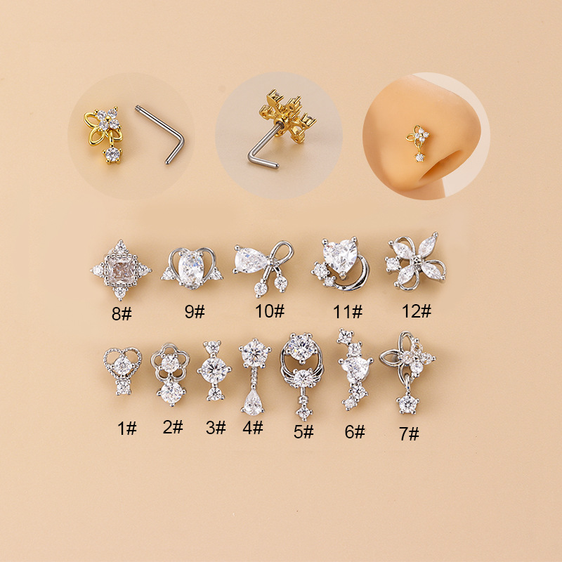 20G L字型キュービックジルコニアノーズスタッド、サージカ - Body Jewelry Septum のレビューと価格
